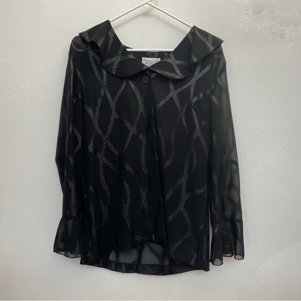 Studio C Black, Silver Sheer Peter Pan Collar Blouse Size 12 Formal Career